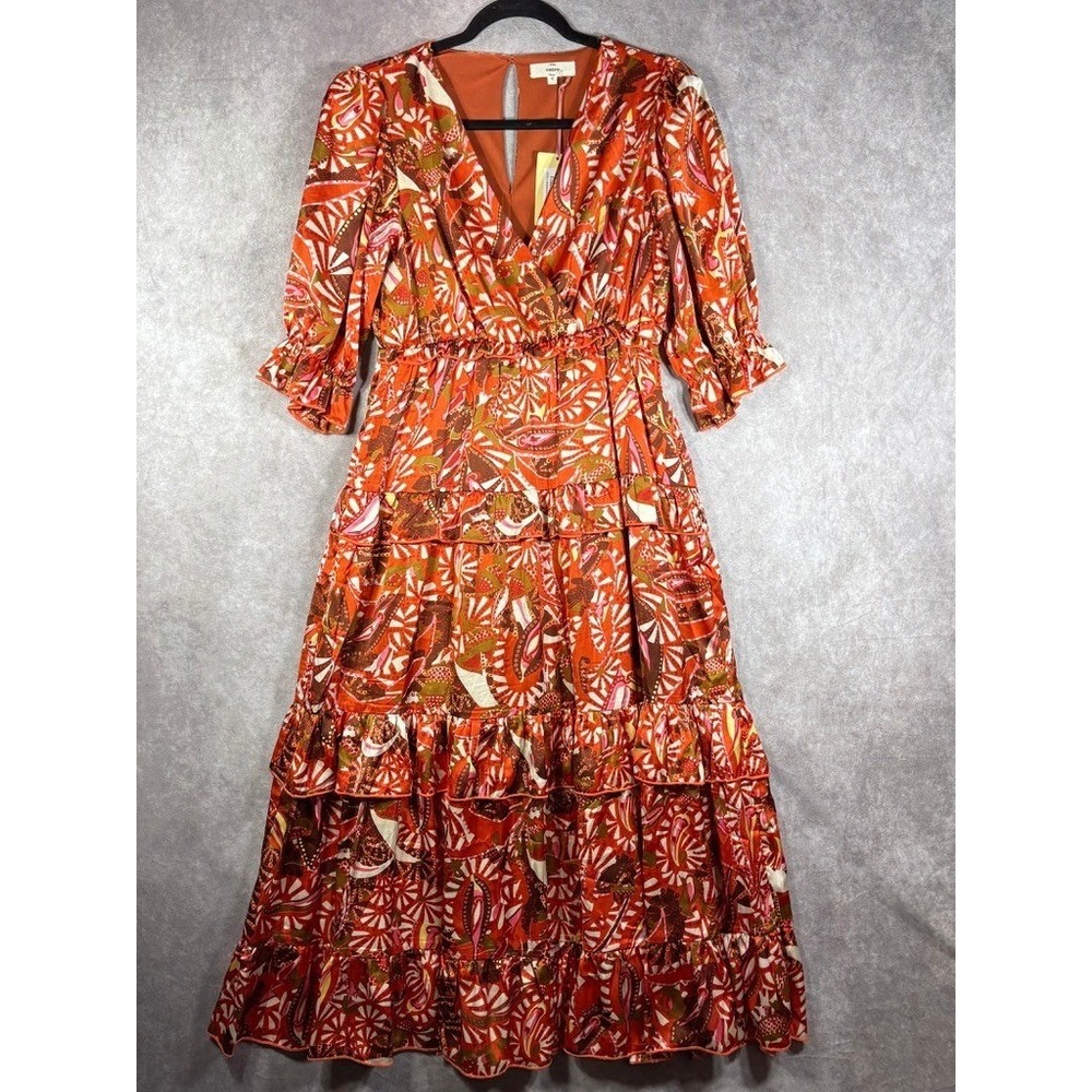 Entro Where I Belong Dress Women Small Orange Paisley Tiered Maxi Boho Retro NEW